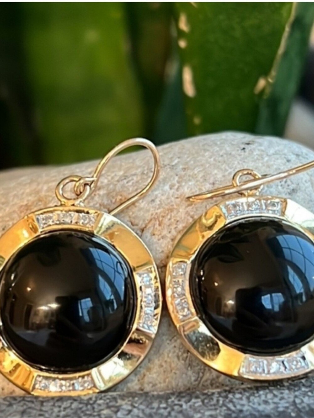 14 Kt Gold Drop Earrings with Black Onyx Cabochon and Diamond Accents